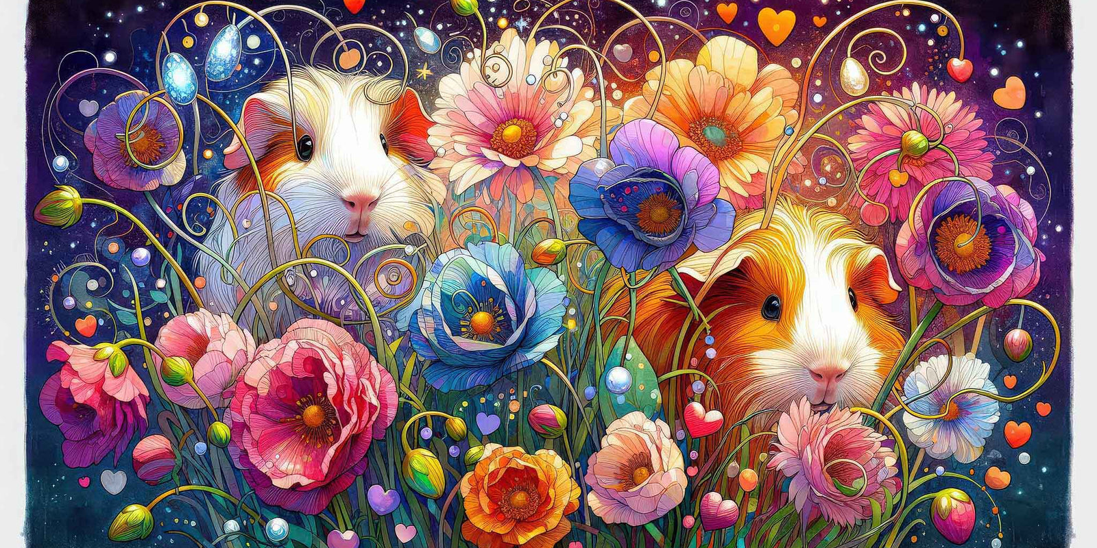Two guinea pigs nestled among vibrant, whimsical flowers in a dreamy night garden, surrounded by colorful blooms, glowing hearts, and soft starlight.