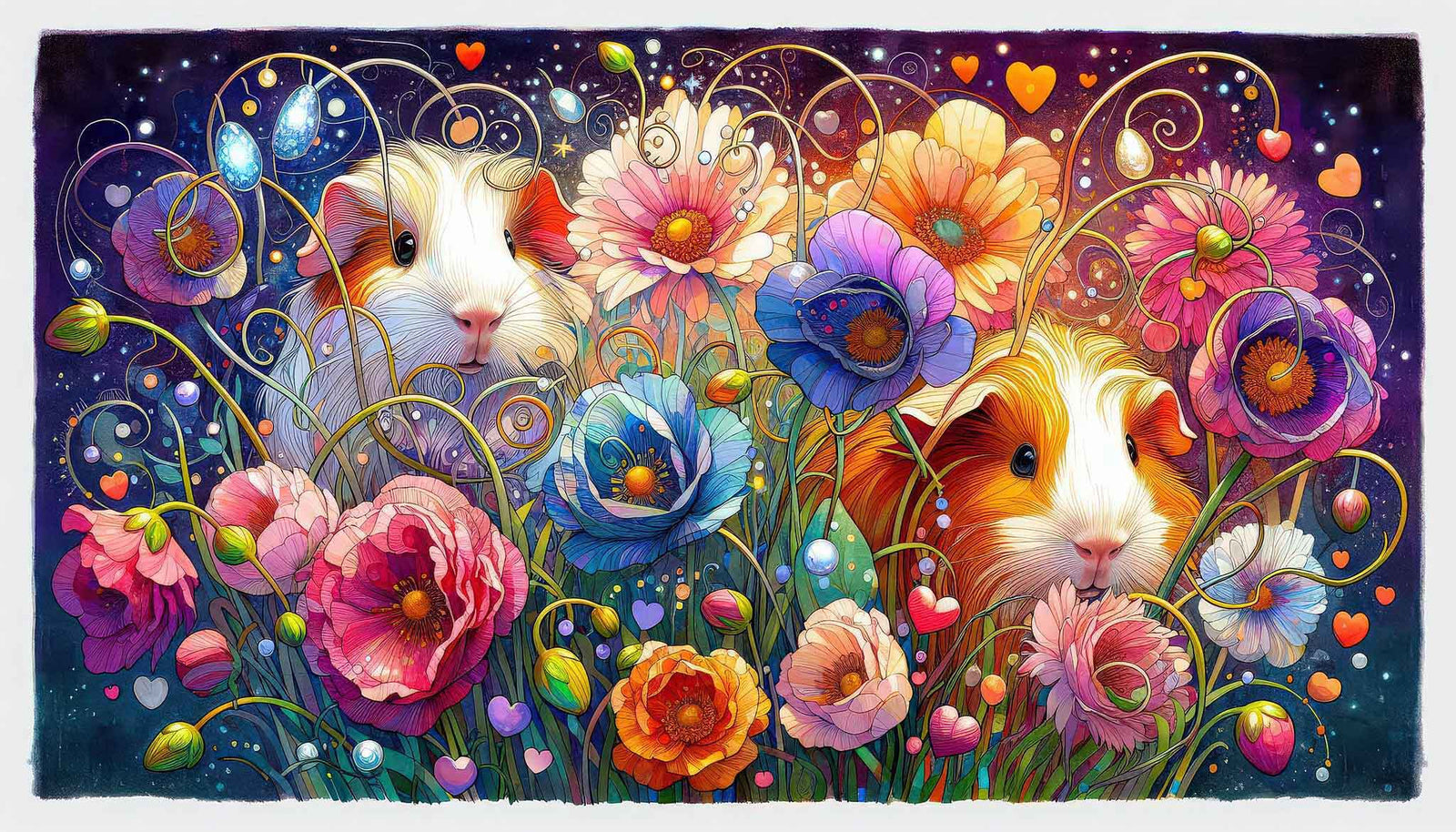Two guinea pigs nestled among vibrant, whimsical flowers in a dreamy night garden, surrounded by colorful blooms, glowing hearts, and soft starlight.