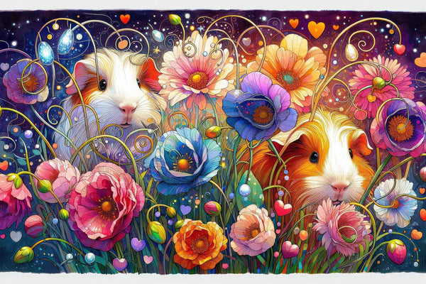 Two guinea pigs nestled among vibrant, whimsical flowers in a dreamy night garden, surrounded by colorful blooms, glowing hearts, and soft starlight.