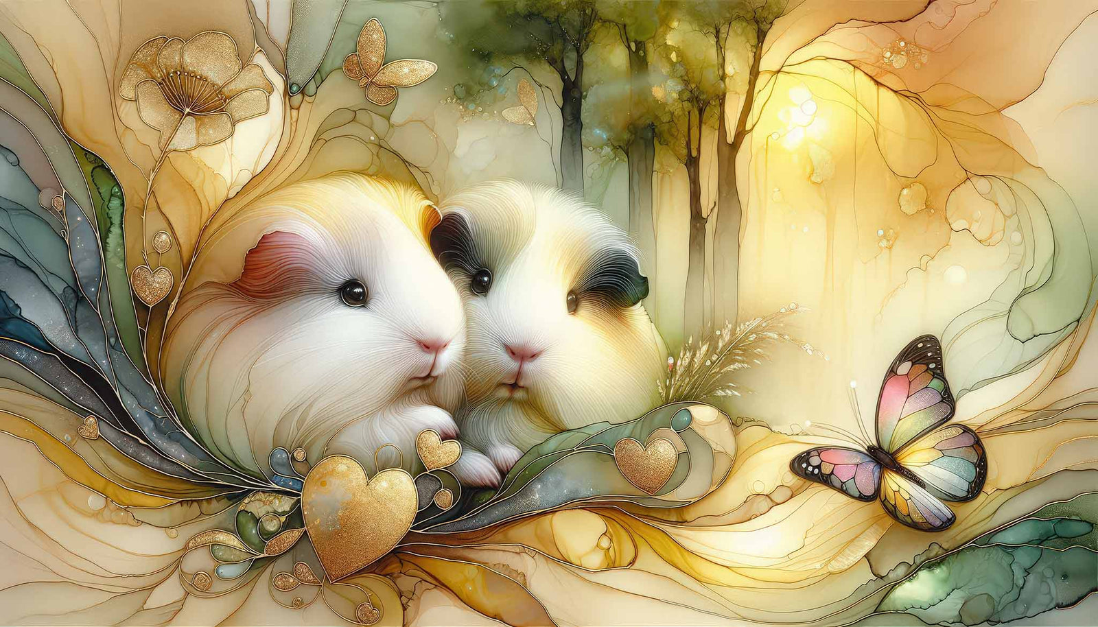 Two soft, golden, young guinea pigs in a fantasy painting with a butterfly, flowing gold and yellow tones