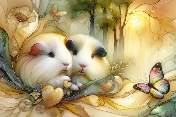Two soft, golden, young guinea pigs in a fantasy painting with a butterfly, flowing gold and yellow tones