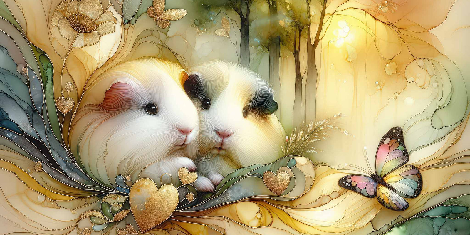 Two soft, golden, young guinea pigs in a fantasy painting with a butterfly, flowing gold and yellow tones