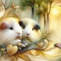 Two soft, golden, young guinea pigs in a fantasy painting with a butterfly, flowing gold and yellow tones
