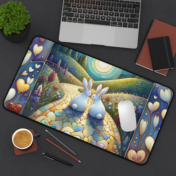 Cute Rabbit Desk Mat - Colorful Floral Landscape Design