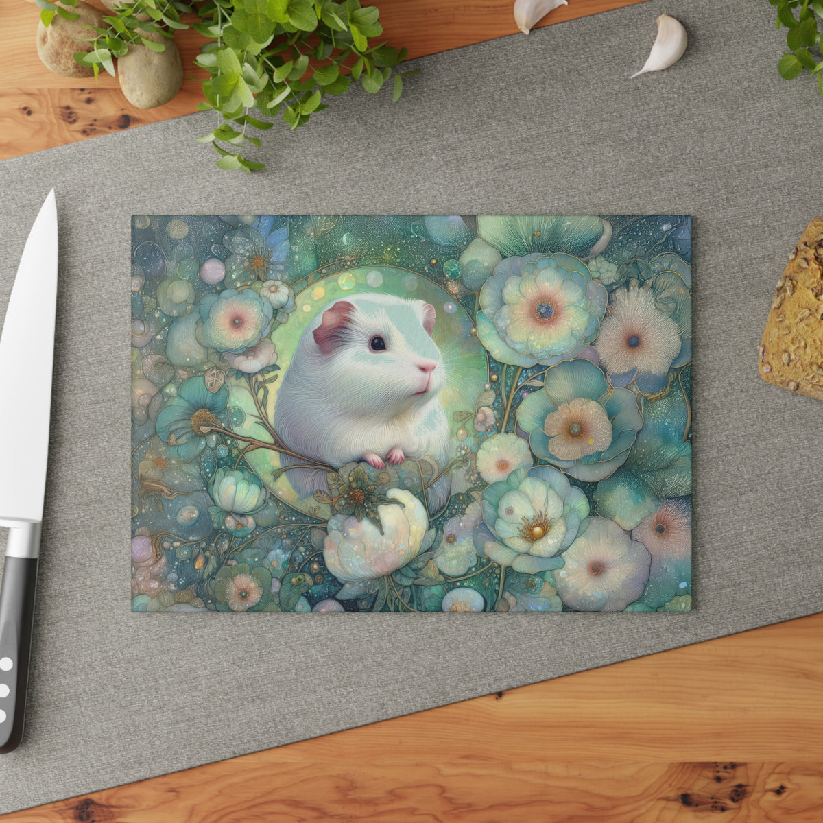 Whimsical Guinea Pig Glass Cutting Board, Kitchen Decor, Animal Lover Gift, Floral Kitchen Art, Unique Home Gift, Cooking Accessory