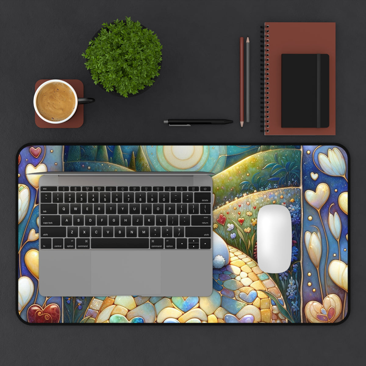 Cute Rabbit Desk Mat - Colorful Floral Landscape Design