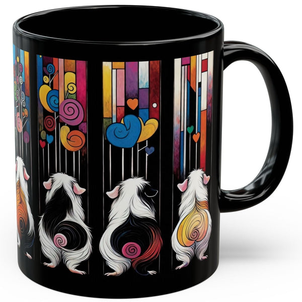 A black ceramic mug featuring a colorful artistic print of three guinea pigs seen from behind, set against a background of vertical multicolored stripes and hearts.