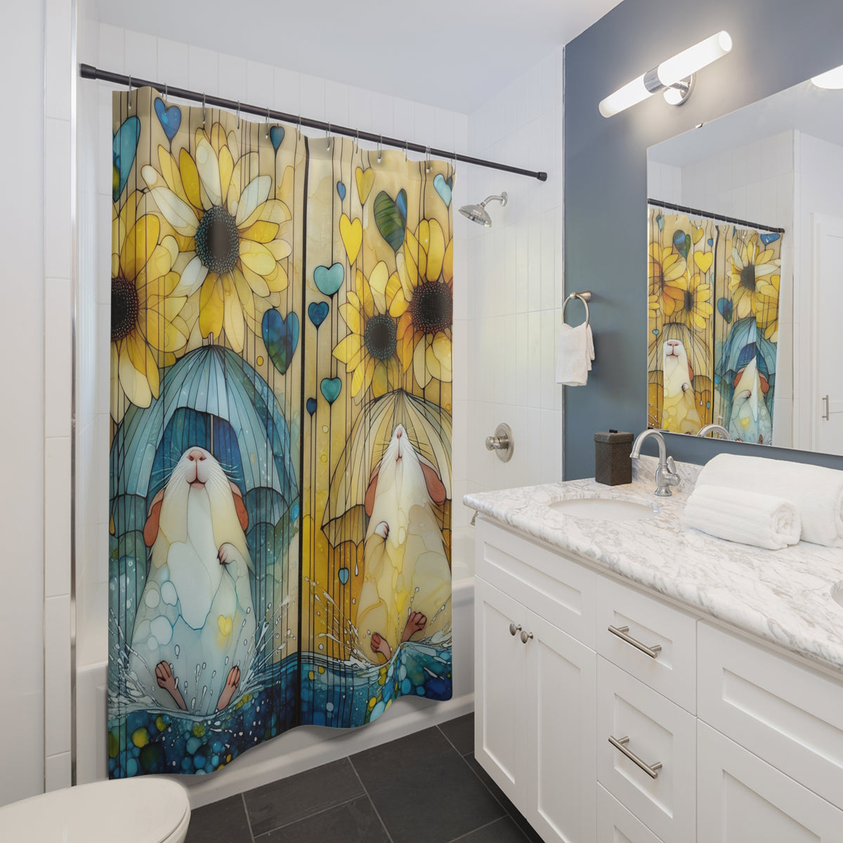 Shower Curtains - Cute Guinea Pigs with Sunflowers Design