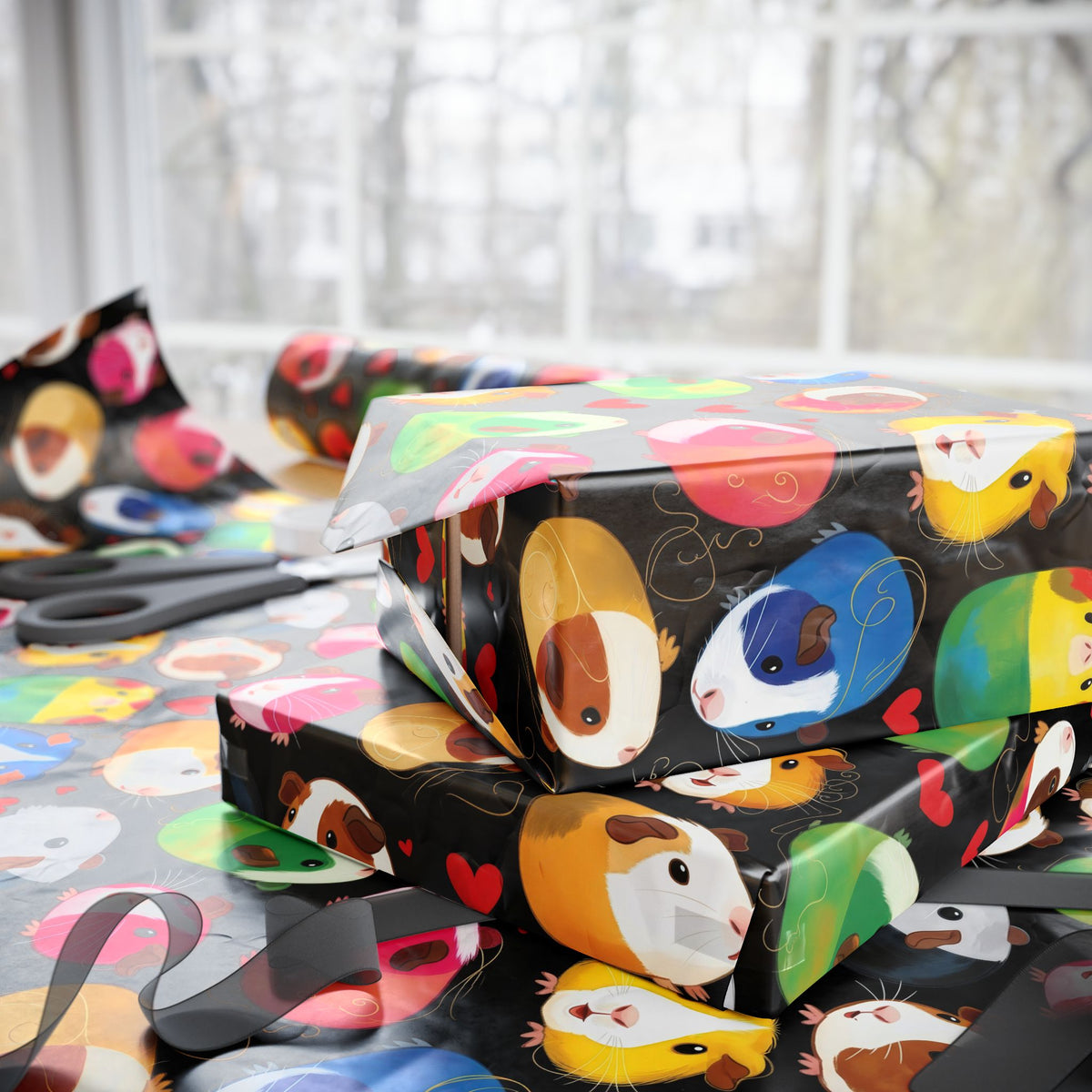 Twirly Piggies on Black Gift Wrapping Paper