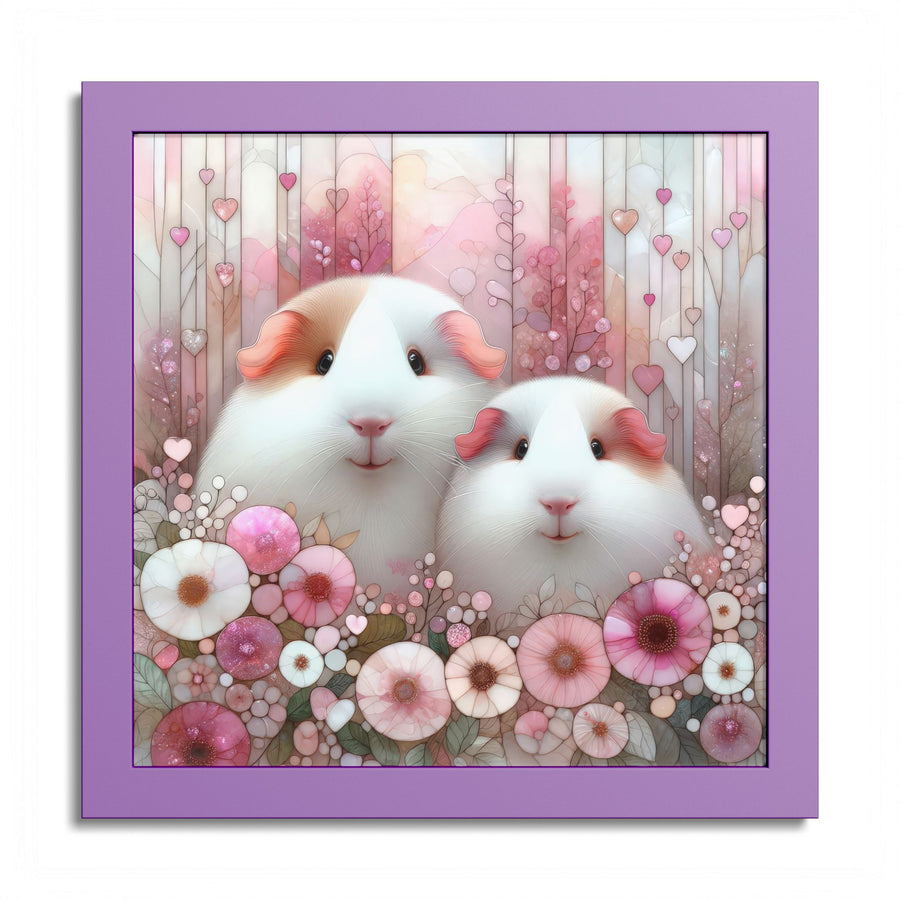 Pink Petal Piggies Framed Guinea Pig Wall Art in Lilac Frame