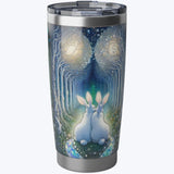 Enchanted Bunny Rabbit Love Trail Chrome Tumbler -- a stainless steel travel tumbler with a clear lid, featuring a detailed fantasy illustration of two white rabbits sitting in a glowing blue and green forest with glowing orbs. – image 4