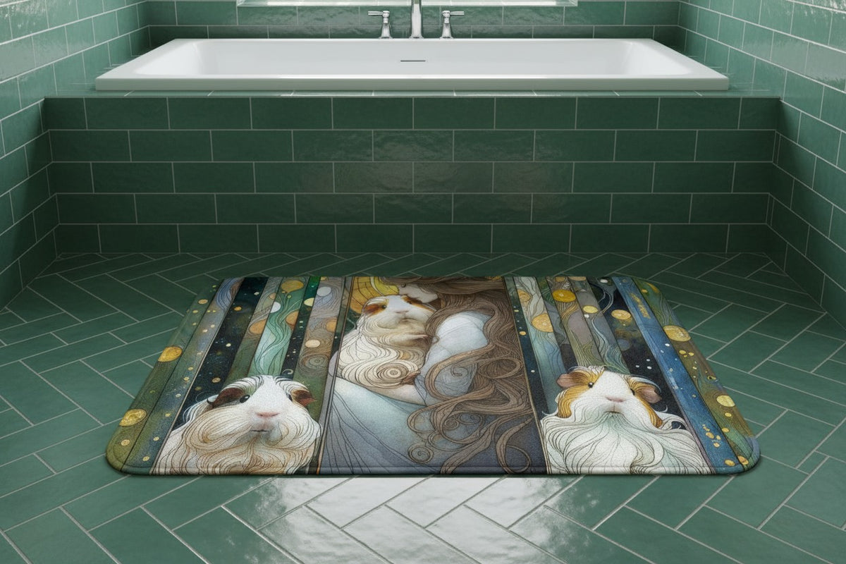 Cosmic Cavy TripTych Guinea Pig Bath Mat -- a rectangular bath mat with a detailed fantasy illustration of three guinea pigs in an Art Nouveau style, placed on a green tiled bathroom floor in front of a bathtub.