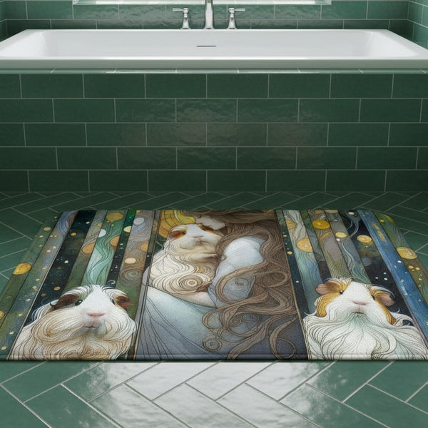 Cosmic Cavy TripTych Guinea Pig Bath Mat -- a rectangular bath mat with a detailed fantasy illustration of three guinea pigs in an Art Nouveau style, placed on a green tiled bathroom floor in front of a bathtub.