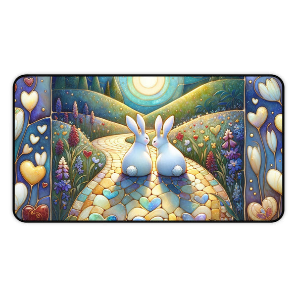Cute Rabbit Desk Mat - Colorful Floral Landscape Design