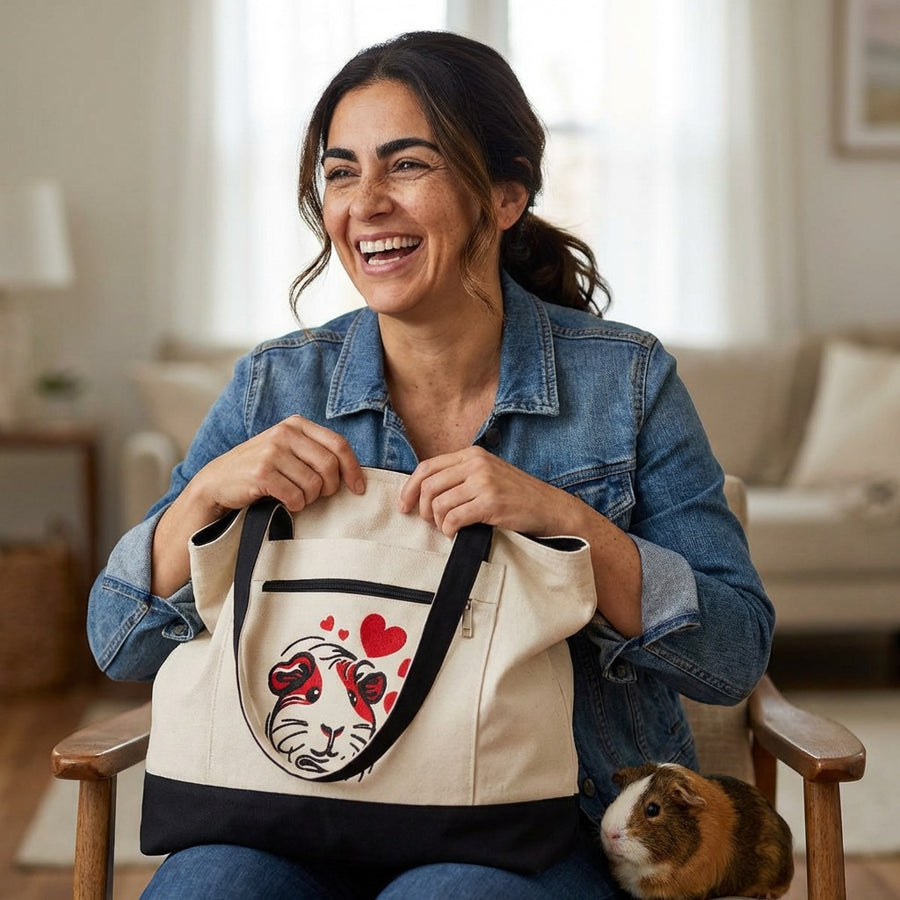 Cavy Heartmark Guinea Pig Canvas Tote - laughing woman holding a guinea pig tote bag on her lap with a guinea pig