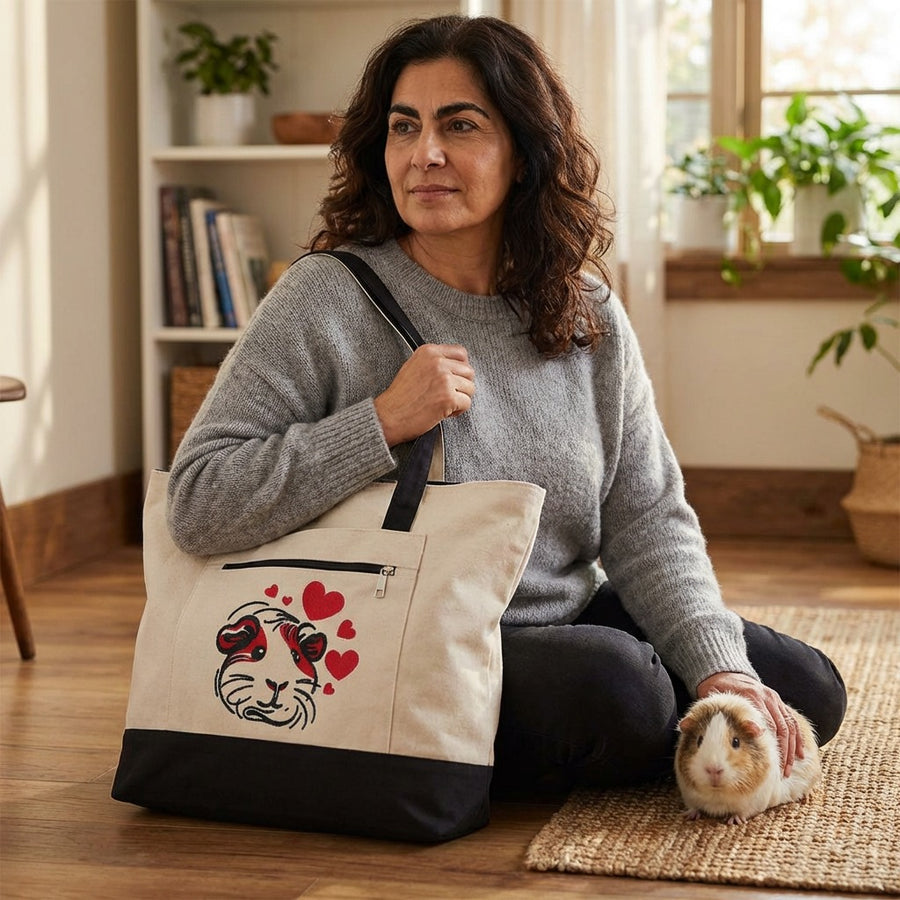 Cavy Heartmark Guinea Pig Canvas Tote - Woman holding a tote bag in a living room

