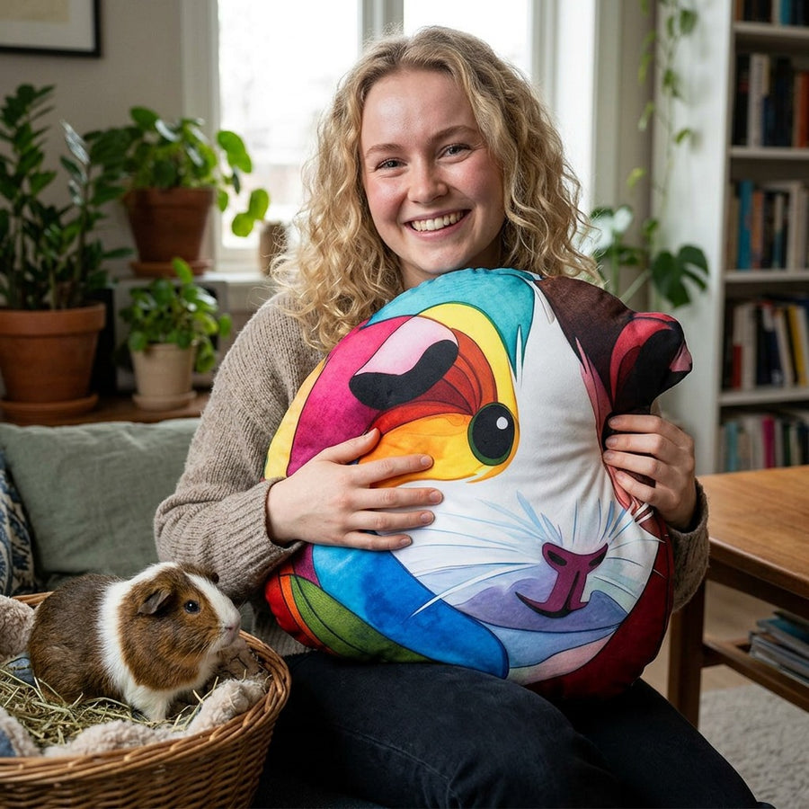 Hug a Piggy Guinea Pig Pillow -- a woman holding a colorful pillow with a guinea pig design, surrounded by indoor plants and a bookshelf.