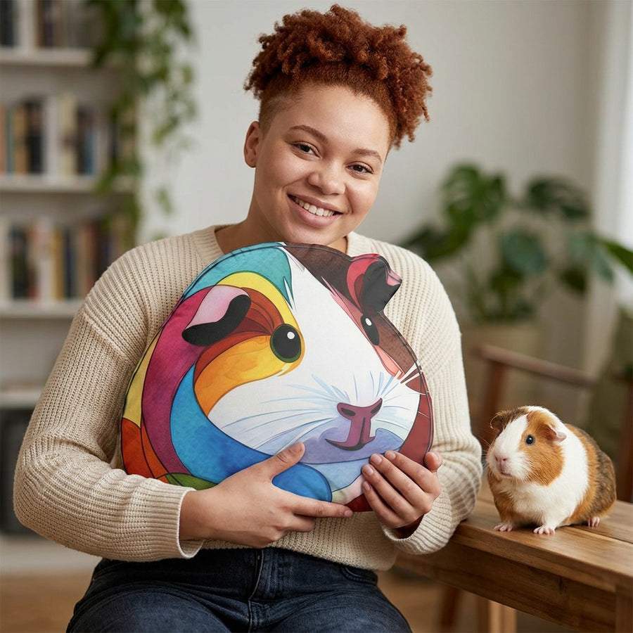 Hug a Piggy Guinea Pig Pillow - a woman holding a colorful pillow with a guinea pig design, sitting next to a guinea pig indoors.