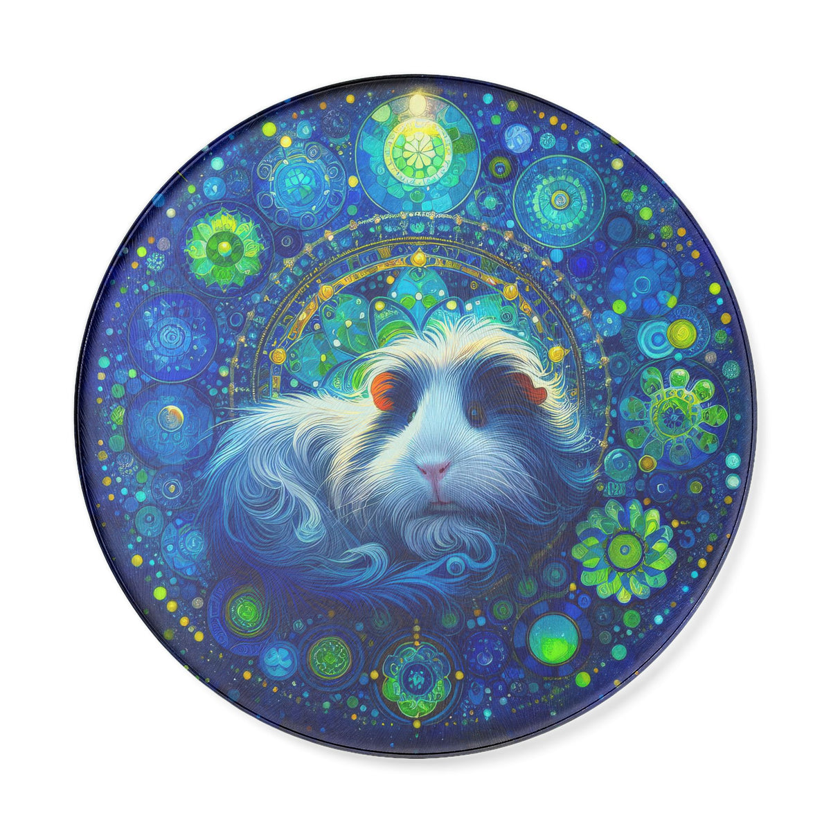 Guinea Pig Mandala Round Cutting Board -- a circular decorative plate or wall art piece featuring a stylized blue and white rabbit surrounded by glowing mandala-like floral patterns in blue, green, and gold on a white background.