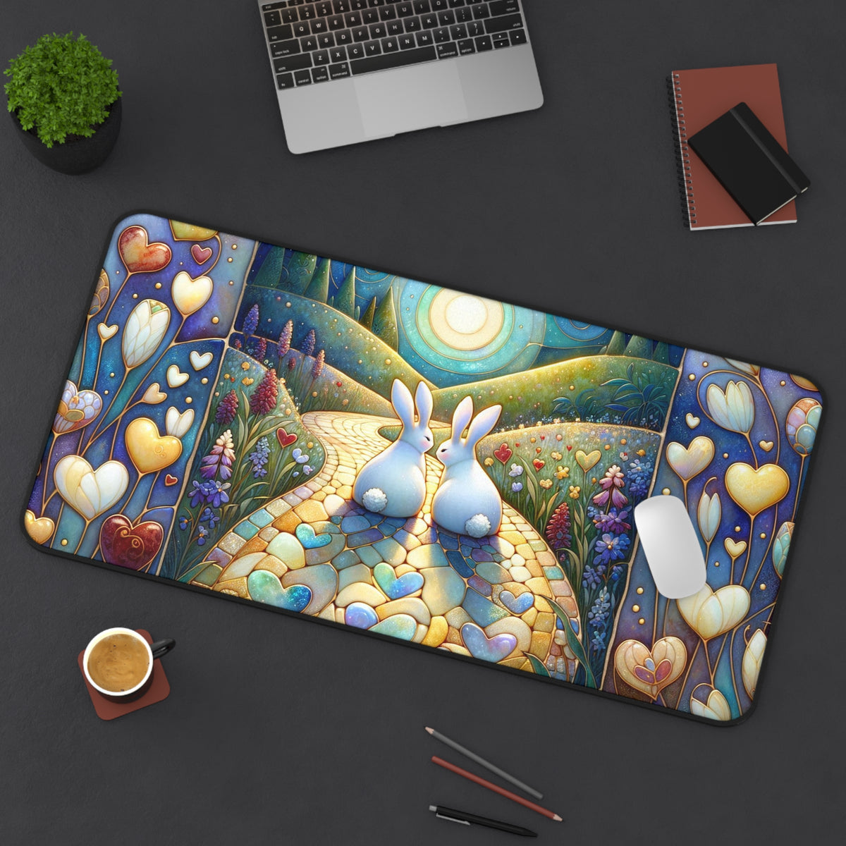 Cute Rabbit Desk Mat - Colorful Floral Landscape Design