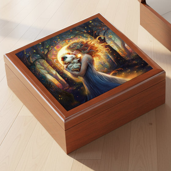 Wooden jewelry box with a colorful guinea pig being held by a woman in a magical forest artwork on the lid, open on a reflective surface.
