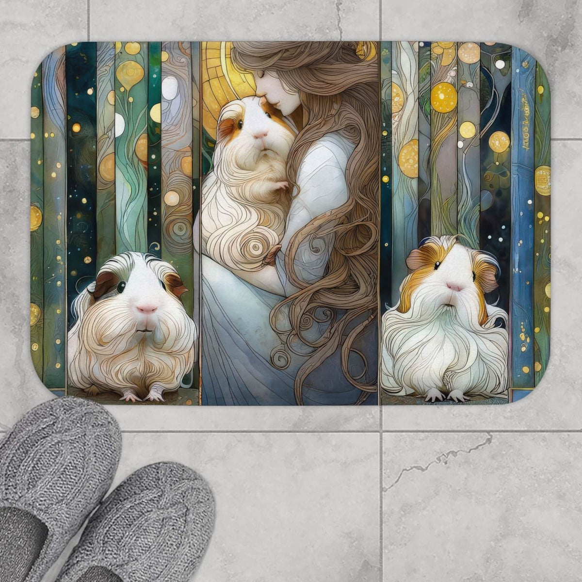 Cosmic Cavy TripTych Guinea Pig Bath Mat -- a rectangular bath mat with rounded corners featuring a whimsical Art Nouveau-style illustration of a woman embracing guinea pigs, shown on a light gray tiled floor with gray knit slippers at the bottom left.