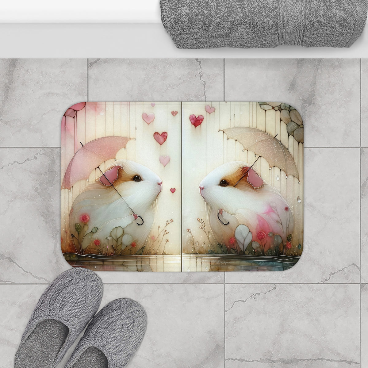 Cute Guinea Pig Bath Mat with Umbrellas and Hearts