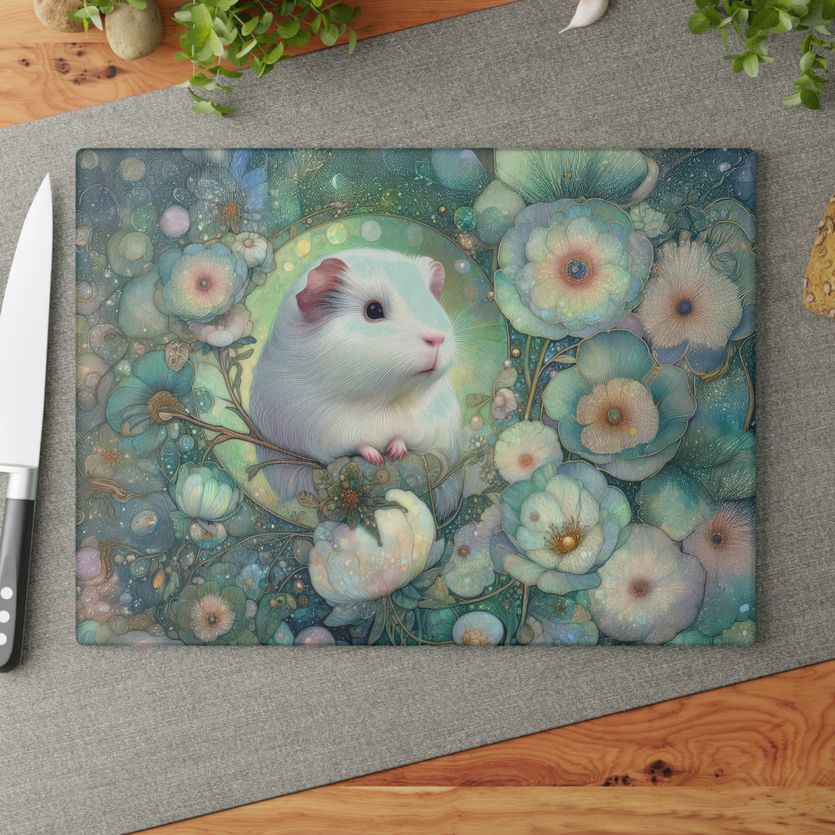 Whimsical Guinea Pig Glass Cutting Board, Kitchen Decor, Animal Lover Gift, Floral Kitchen Art, Unique Home Gift, Cooking Accessory