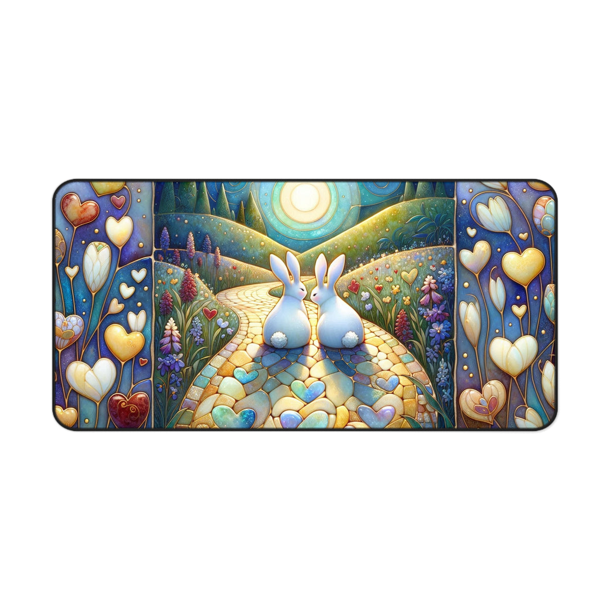 Cute Rabbit Desk Mat - Colorful Floral Landscape Design