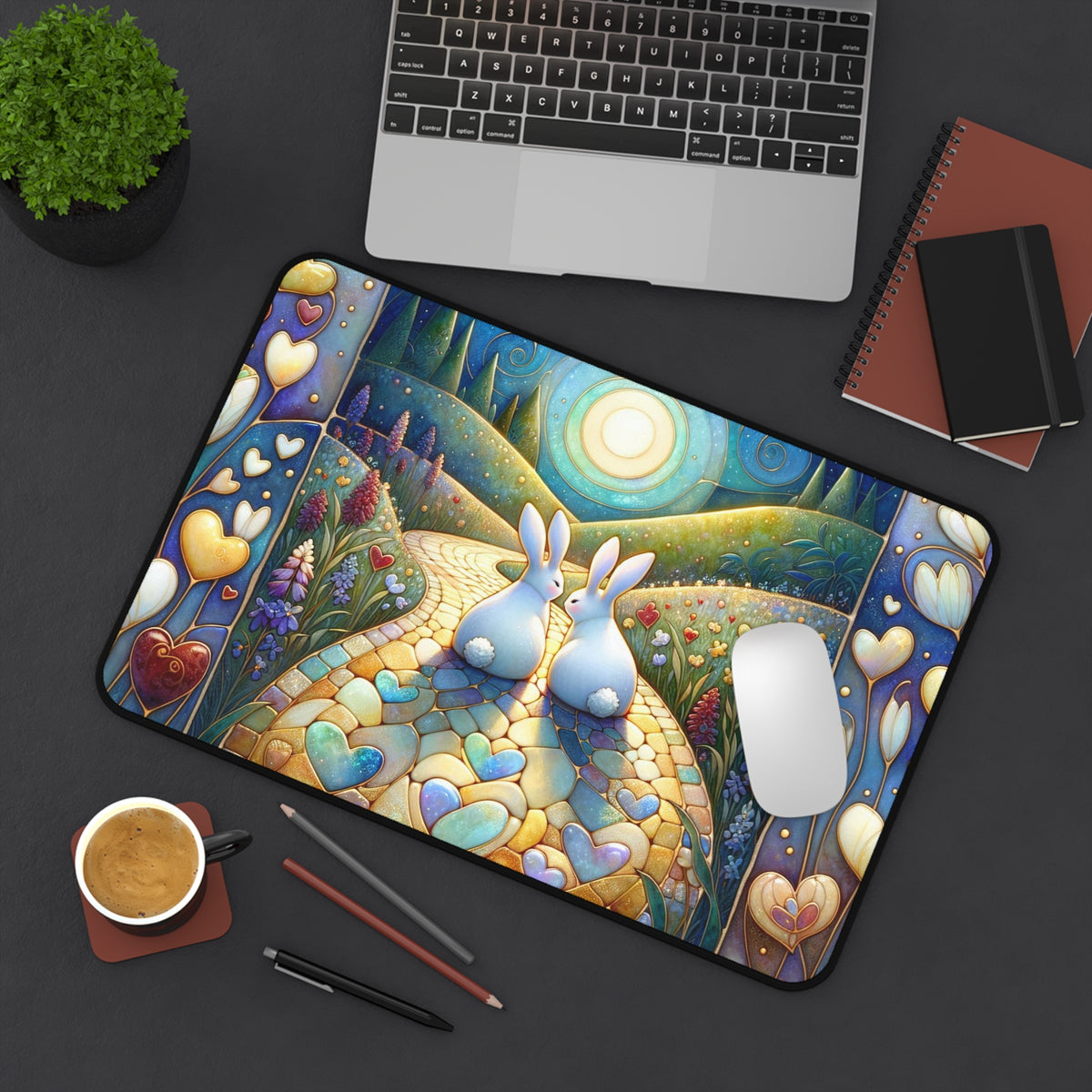 Cute Rabbit Desk Mat - Colorful Floral Landscape Design