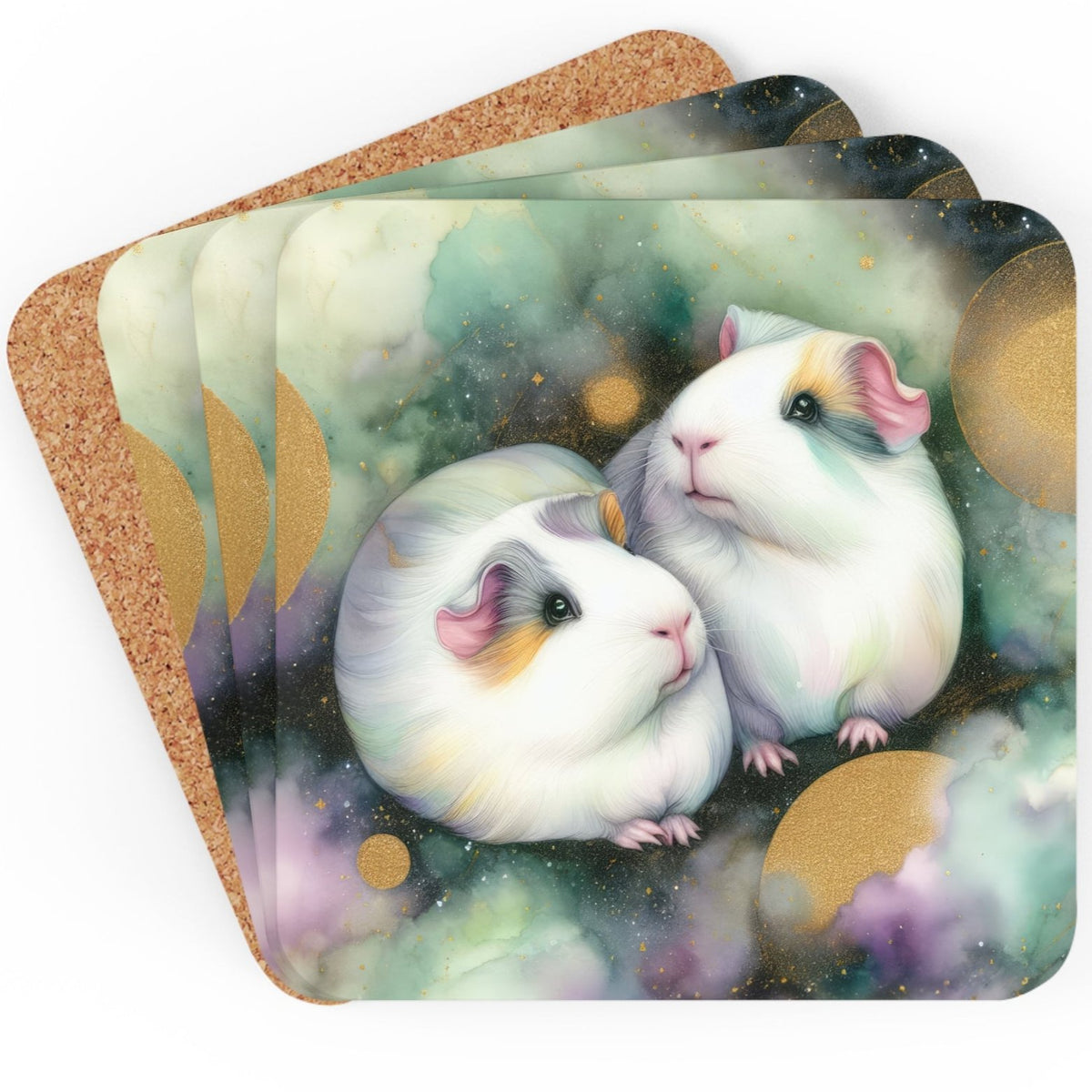 Precious Pig-appeal art on cork-backed Coasters, set of 4, shows 4 coasters