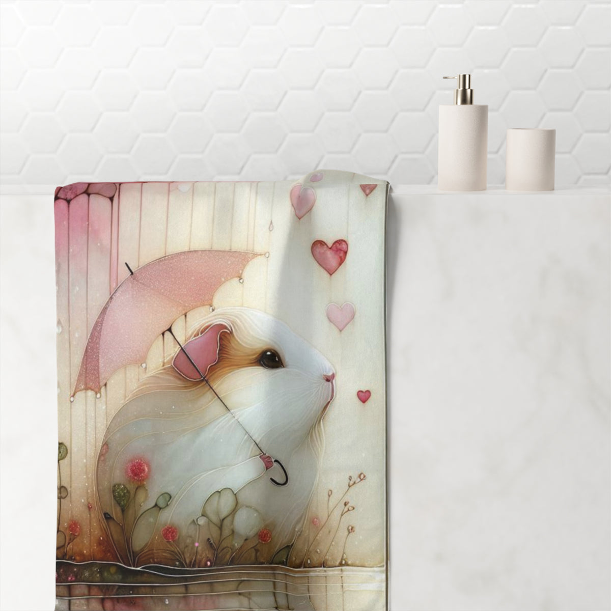 Whimsical Mink (Pink)-Cotton Towel with Adorable Guinea Pig Design – Perfect for Cozy Moments and Gift Giving