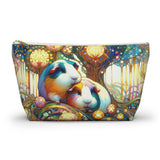 Colorful accessories or makeup pouch with two guinea pigs and a fantasy forest design on a white background