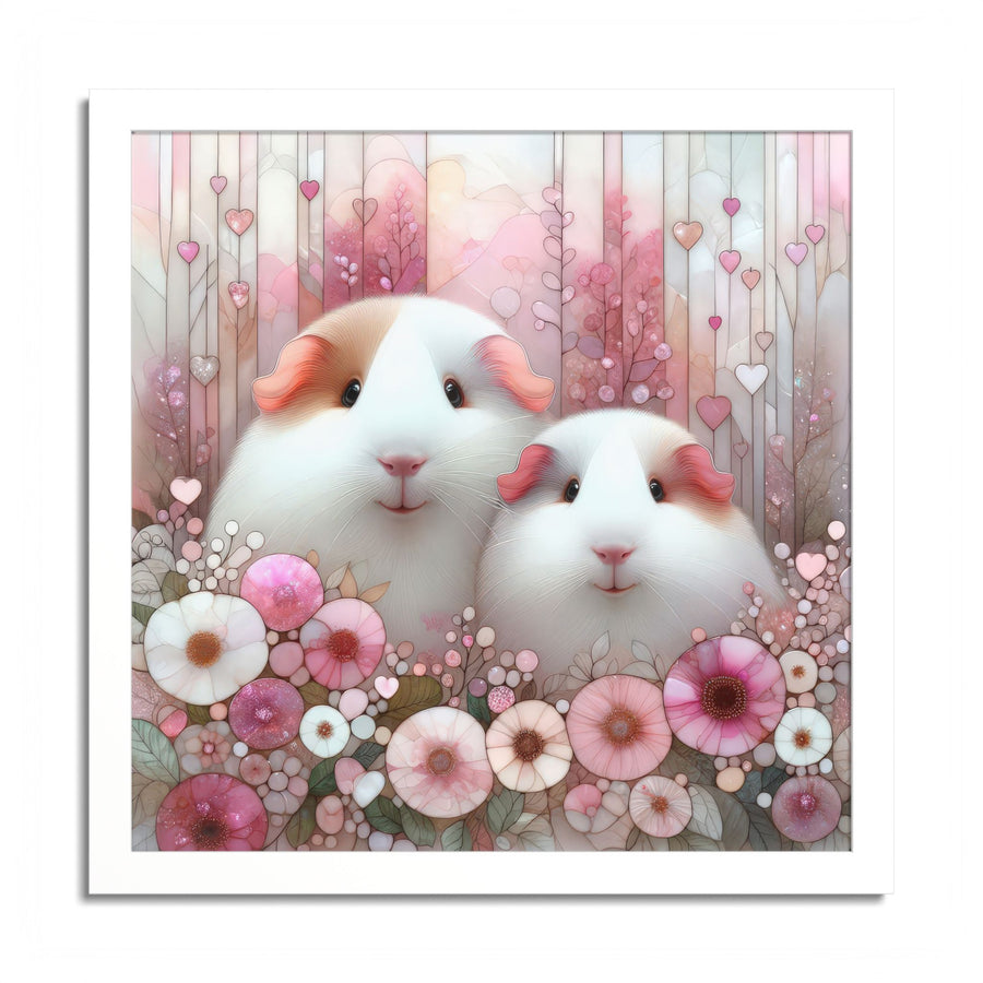 Pink Petal Piggies Framed Guinea Pig Wall Art in White Frame