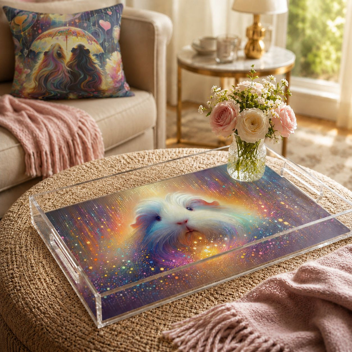 Glitter Glow Guinea Pig Serving Tray -- decorative acrylic tray with a guinea pig design on a coffee table in a living room.
