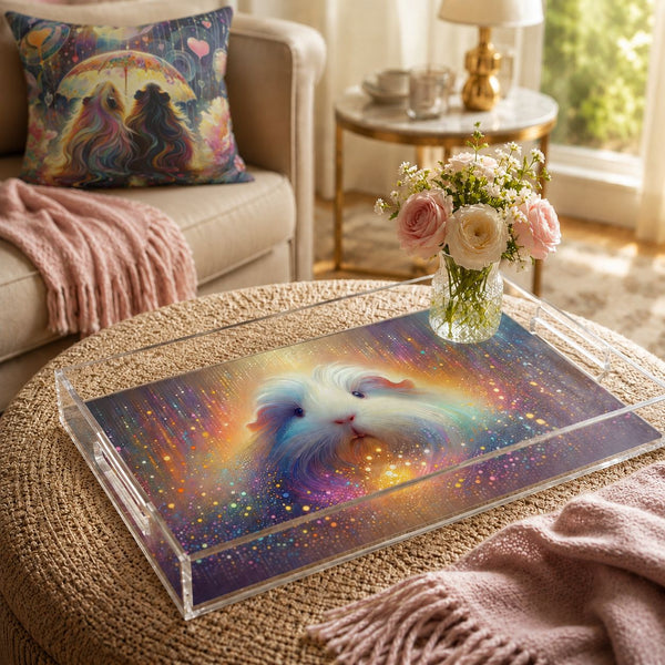 Glitter Glow Guinea Pig Serving Tray -- decorative acrylic tray with a guinea pig design on a coffee table in a living room.