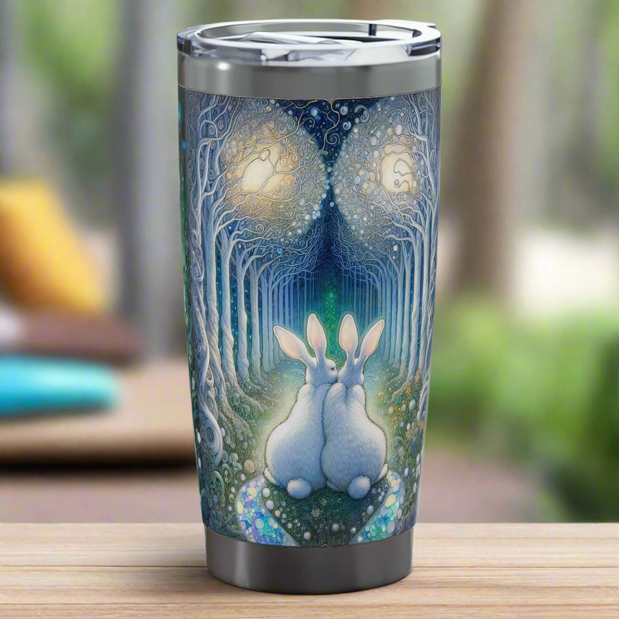 Enchanted Bunny Rabbit Love Trail Chrome Tumbler -- a stainless steel travel tumbler with a clear lid, featuring a detailed fantasy print of two white rabbits sitting together in a glowing blue and green forest with glowing orbs, shown on a wooden table with a blurred background.