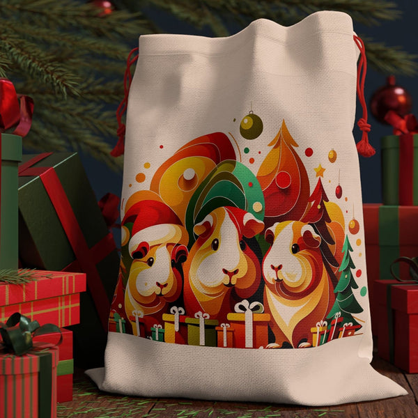 A cream-colored canvas Christmas sack with red drawstrings, featuring a colorful graphic print of three guinea pigs in festive holiday hats and a Christmas tree. The sack is styled in a holiday setting with wrapped presents and evergreen branches in the background.
