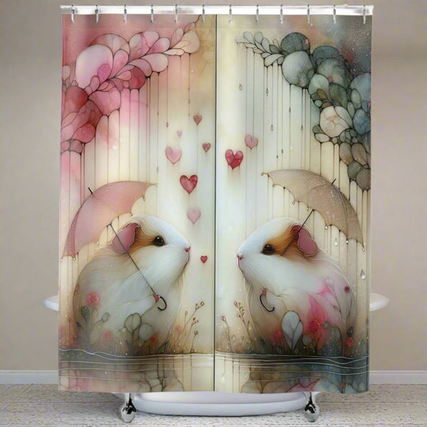A three-panel shower curtain featuring a whimsical watercolor-style print of two white rabbits holding pink umbrellas, surrounded by pink flowers, hearts, and soft floral motifs on a cream background. The curtain is shown hanging in a bathroom setting above a white clawfoot tub - Pretty Pink Showers Guinea Pig Shower Curtain