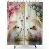 A two-panel shower curtain featuring a whimsical illustration of two white guinea pigs under pink and beige umbrellas, surrounded by pastel flowers and floating hearts against a soft cream background - Pretty Pink Showers Guinea Pig Shower Curtain – image 4