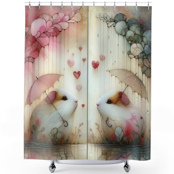 A two-panel shower curtain featuring a whimsical illustration of two white guinea pigs under pink and beige umbrellas, surrounded by pastel flowers and floating hearts against a soft cream background - Pretty Pink Showers Guinea Pig Shower Curtain
