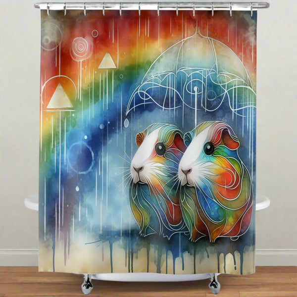 A colorful shower curtain hanging on a silver rod in a bathroom. The curtain features an artistic design of two guinea pigs under a white line-drawn umbrella, with a rainbow and rain motifs in blue, red, yellow, green, and orange tones.