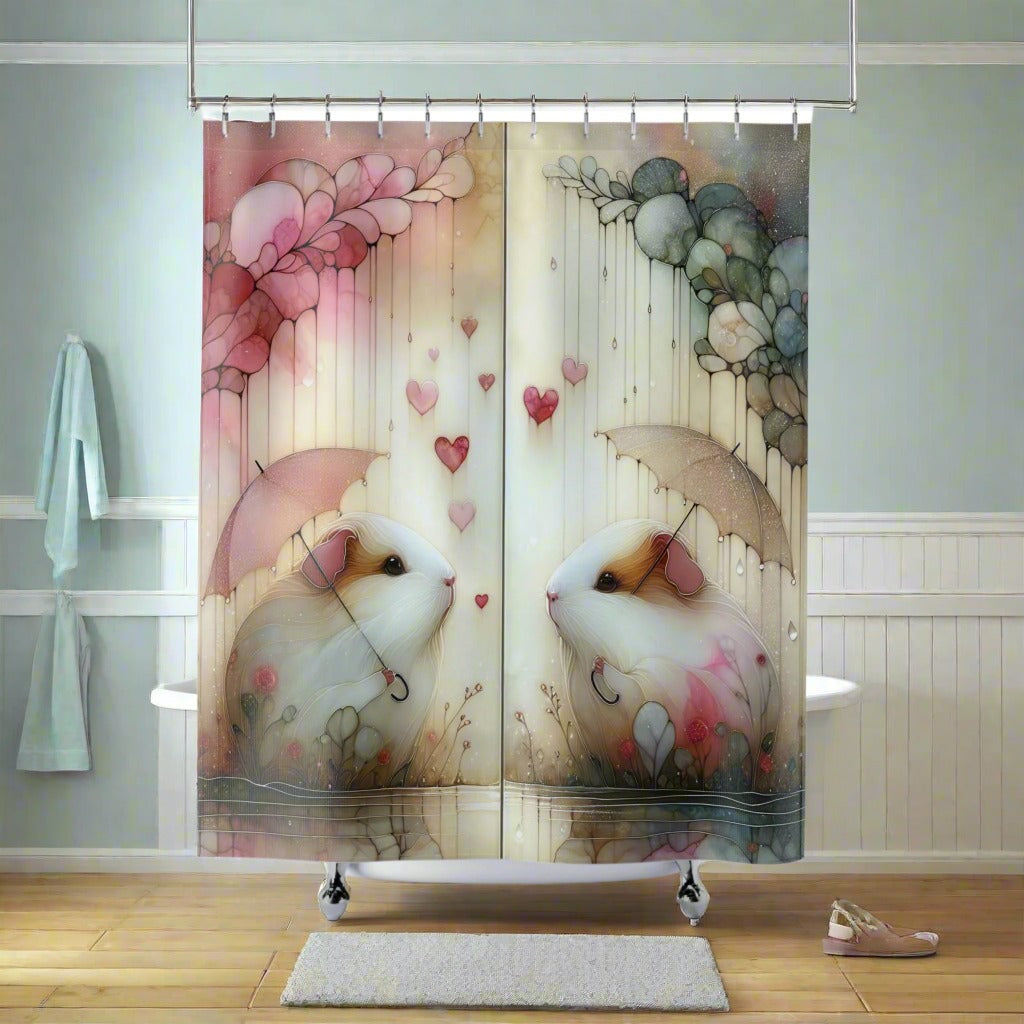 A two-panel shower curtain hanging in a bathroom, featuring a whimsical illustration of two white guinea pigs under pink umbrellas with hearts and floral motifs. The bathroom has light blue walls, white wainscoting, a wooden floor, a white tub, a bath mat, and a towel.