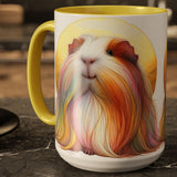 A white ceramic mug with a yellow handle and interior, featuring a colorful printed illustration of a guinea pig on the front, set on a dark marble surface. – image 5