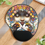 Mouse pad on a desk of a beautiful young girl crowned in flowers with two young guinea pigs.