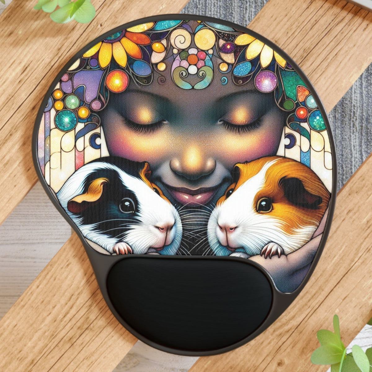 Mouse Pad mockup showing two guinea pigs and a girl with a crown of flowers