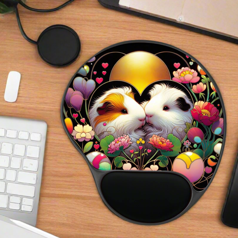 two guinea pigs in a heart on a graphic on a mouse pad on a desk with a wrist pad.