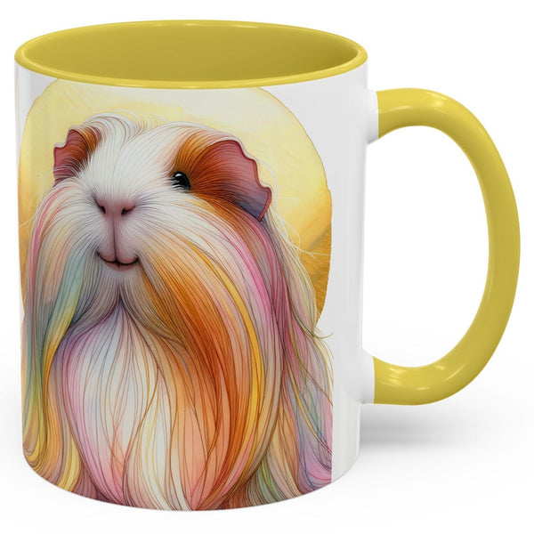 A white ceramic mug with a yellow handle and yellow interior, featuring a colorful printed illustration of a guinea pig with long pastel-colored hair on the front.