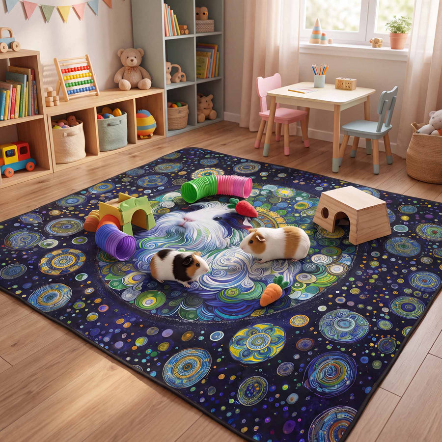 A large rectangular pet play mat with a colorful cosmic, swirling design is shown on a wood floor in a children's room. Two guinea pigs are playing on the mat, along with small toy tunnels, tubes, and a wooden house.