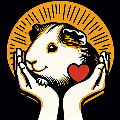 Guinea pig held in hands with a red heart against a gold sun, simple graphic